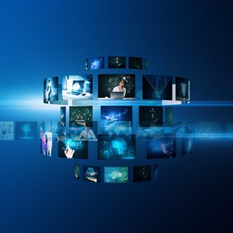 Creative digital picture gallery on blue background. Photo album and media technology concept. Media Futures Hub