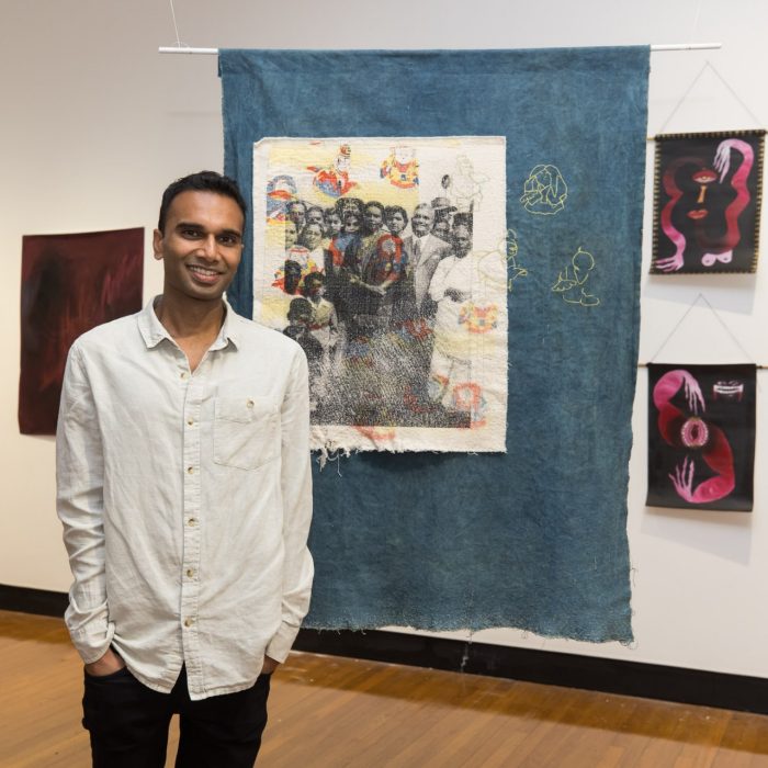Keroshin Govender wins the 2024 Jenny Birt Award Keroshin Govender stands with his artwork ‘Vatsala and Marimuthu’.
