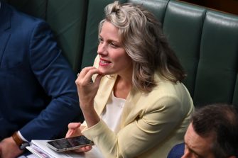 CANBERRA, AUSTRALIA - MARCH 30: Minister for Home Affairs of Australia Clare O'Neil reacts during Question Time at Parliament House on March 30, 2023 in Canberra, Australia. (Photo by Martin Ollman/Getty Images)