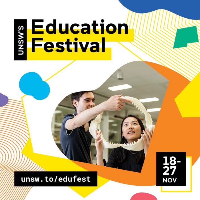 Education Festival 2024 promo art Male and female students admire a replica shark's mouth and teeth