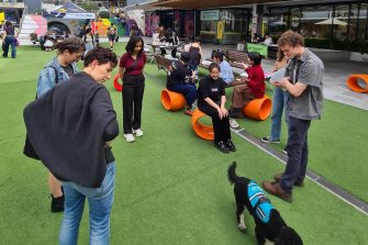 A group of people are relaxing outdoors at the Paddington campus courtyard. 