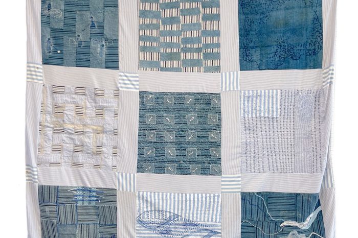 Emma Peters, Kathy Hawkins, Chris Hutch, Cathy Lockhart, Catherine Lees, Teresa Valenti and Barabara Wieckowski. Collective Quilt, 2024, Reused cotton bedsheets, silk organza, cotton muslin, cotton thread, titanium thread, polyester thread, synthetic ribbon, acrylic paint, 180x180cm, Image: Emma Peters.