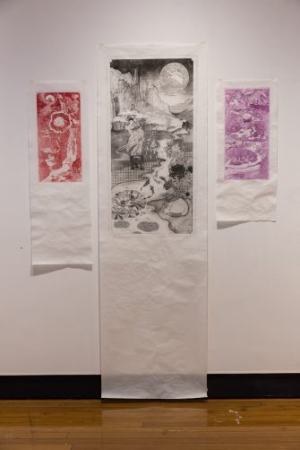 Ada Xu, 'mythica (huàn)' 2024, Etching, aquatint, printed with etching ink on Wenzhou xuan paper  (rice paper), 101cm x 33cm, 185cm x 60cm, 82cm x 33cm.  Photograph: Anna Kucera.