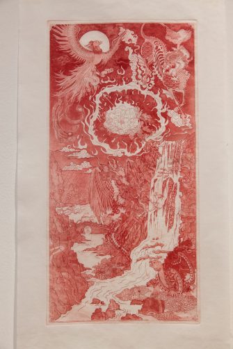 Ada Xu, 'mythica (huàn)' 2024, Etching, aquatint, printed with etching ink on Wenzhou xuan paper  (rice paper), 101cm x 33cm, 185cm x 60cm, 82cm x 33cm.  Photograph: Anna Kucera.