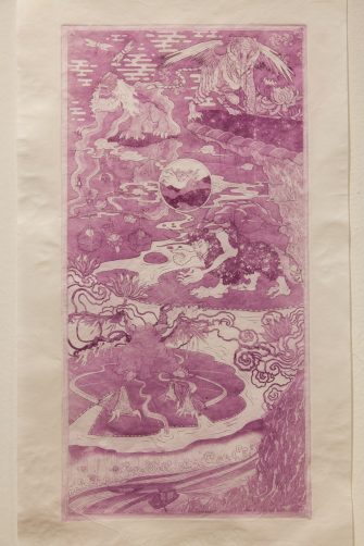 Ada Xu, 'mythica (huàn)' 2024, Etching, aquatint, printed with etching ink on Wenzhou xuan paper  (rice paper), 101cm x 33cm, 185cm x 60cm, 82cm x 33cm.  Photograph: Anna Kucera.