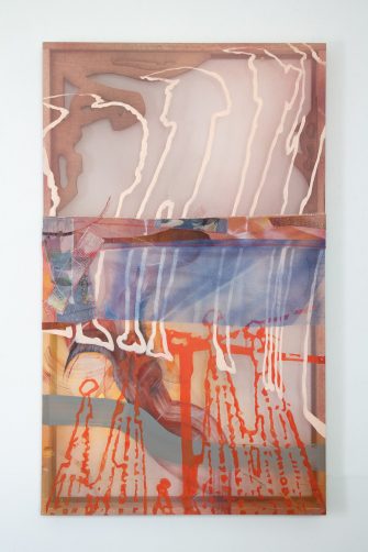 Remy Faint, 'Inscriptions (Finials and Silk)' 2024, Acrylic and ink on silk, painted and stitched fabric, cotton, shade cloth, laser-cut brackets, wood, engraved terracotta, red iron oxide, aerosol, 160cm x 136cm.