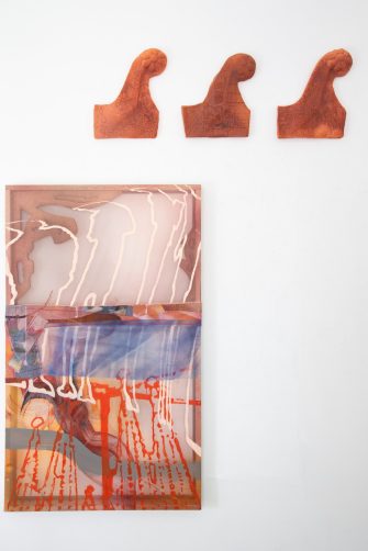 Remy Faint, 'Inscriptions (Finials and Silk)' 2024, Acrylic and ink on silk, painted and stitched fabric, cotton, shade cloth, laser-cut brackets, wood, engraved terracotta, red iron oxide, aerosol, 160cm x 136cm.