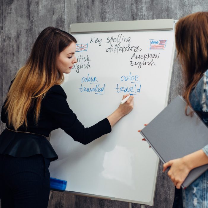 English language school. Lesson, teacher and student talking