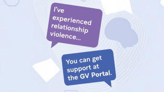 Speech bubbles with text 'I've experienced gendered violence' and 'You can get support at GV Portal'.