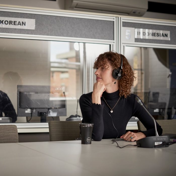 Students learning at the translation booth room at UNSW Kensignton campus.