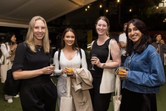 Creative Conversations guests enjoying networking drinks in the Art & Design courtyard