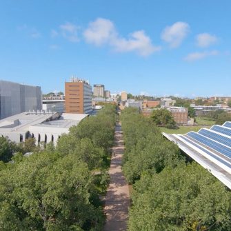 Campus mall walkway aerial shot showing solar panels and green trees lining the main mall