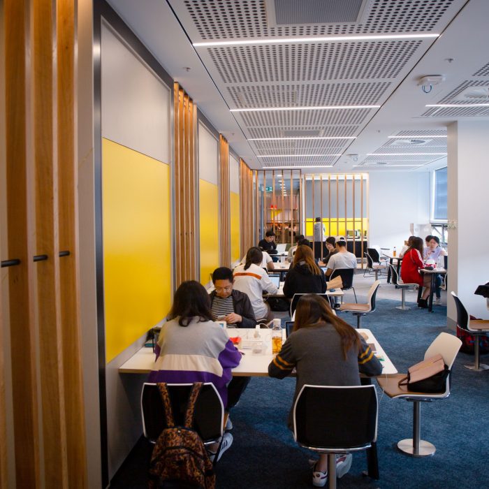 Interior foyer and study spaces of the business school building on the UNSW Kensington campus 