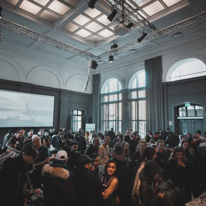 People gathering in a conference room