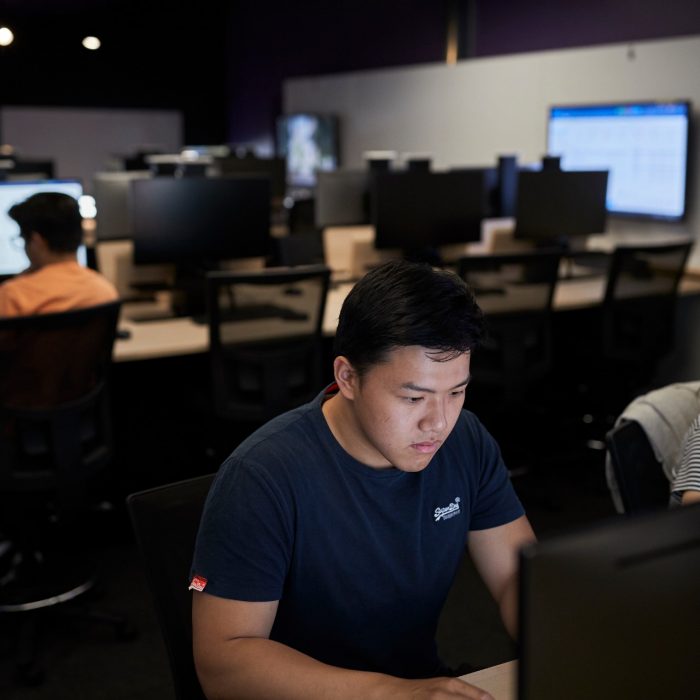 Students studying on computers in the business school computer lab.