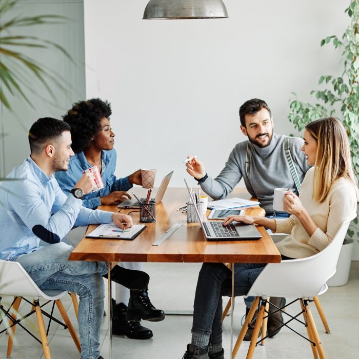 Group of young business people using laptop having a meeting or presentation and seminar in the office