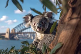 Photo of a Koala on a branch with Sydney Harbour Bridge in the background