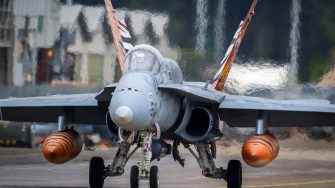 Spanish Air Force F/A-18 Hornet fighter jet taxiing to the runway at Mont-de-Marsan Airbase. France - May 17, 2019