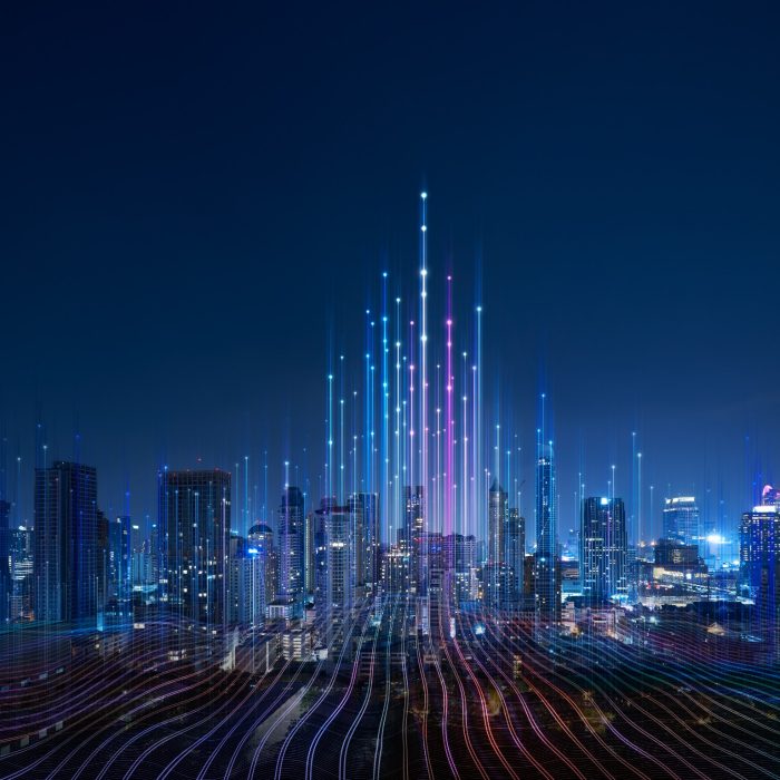 Smart city and abstract dot point connect with gradient line and aesthetic Intricate wave line design , big data connection technology concept .