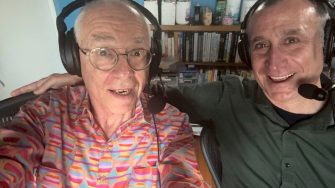 Photo of Lecturer Duncan Blake with Dr Karl recording the Shirtloads of Science podcast