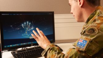 Honours student Officer Cadet Todd Baldwin examines hand gestures as a tool in his experiments concerning impact of presentation and control modalities upon performance and perception within a virtual environment.

School of Engineering and Information Technology (SIET) Virtual Environments & Simulation Lab (VESL).