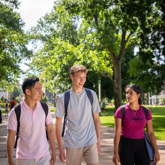 Three students chatting while walking on the Kensington Campus main walkway, University Mall