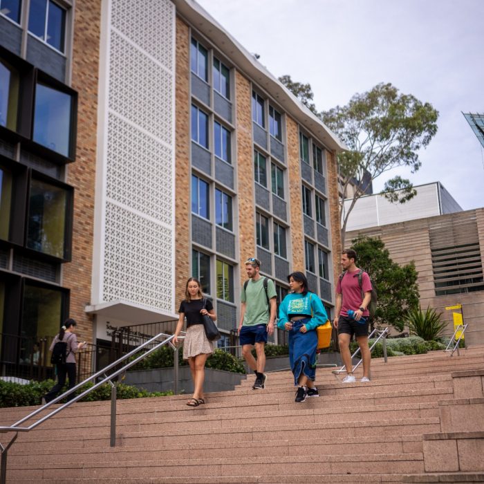 A group of students chatting while walking down the stairs by Globe Lawn on Kensington Campus