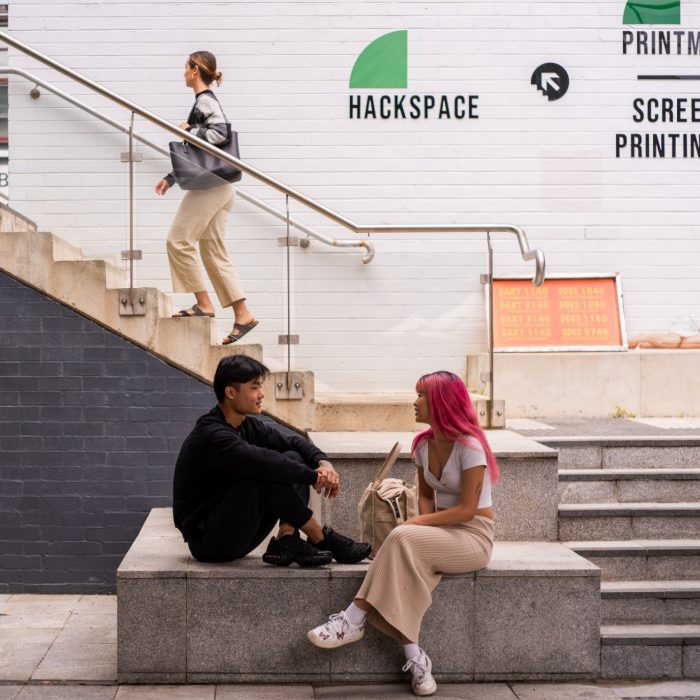 Students chatting outdoors on Paddington Campus