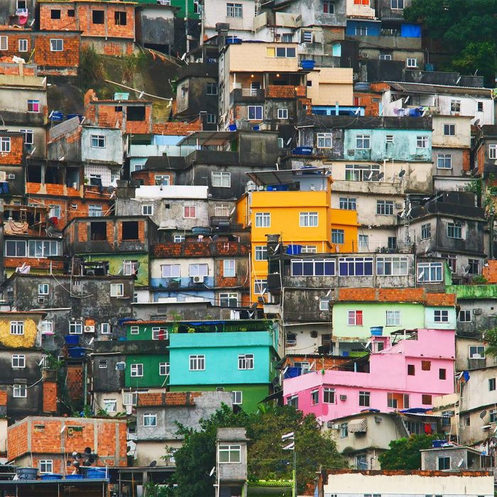 Aerial view of Rio's Rocinha favela, on a sunny afternoon.