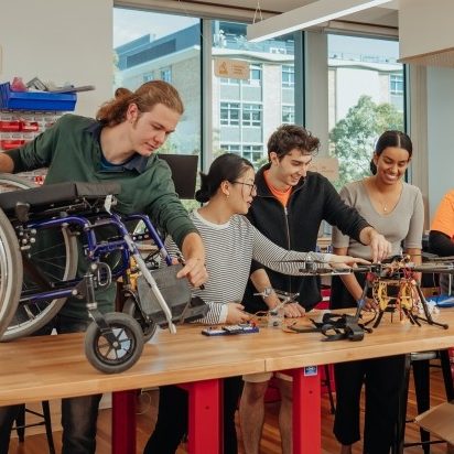 A group of students performing experiments