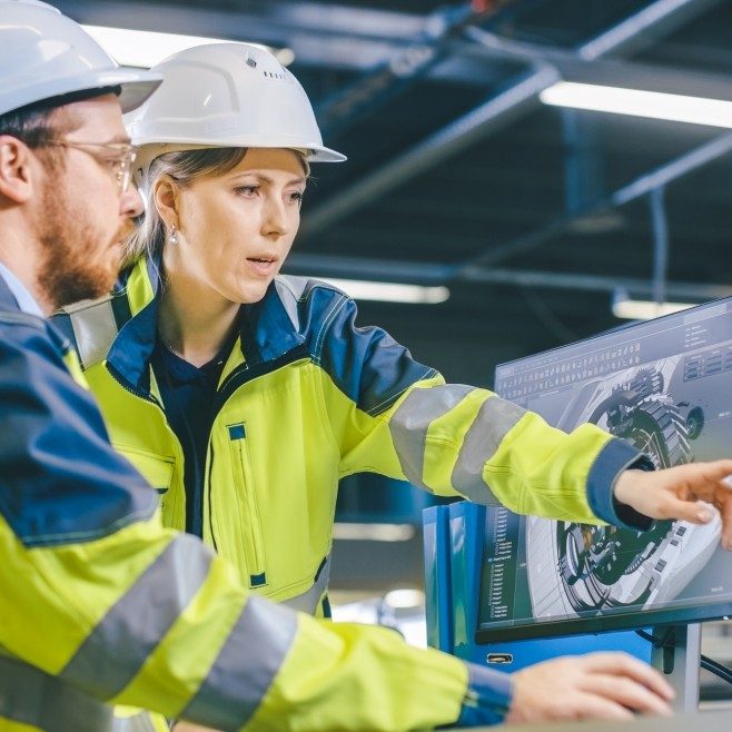 Engineers consulting designs on a screen 