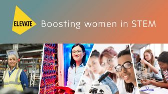 Image showing women participating in engineering with the words "Boosting women in STEM" above