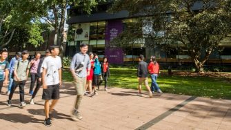 Students walking through campus