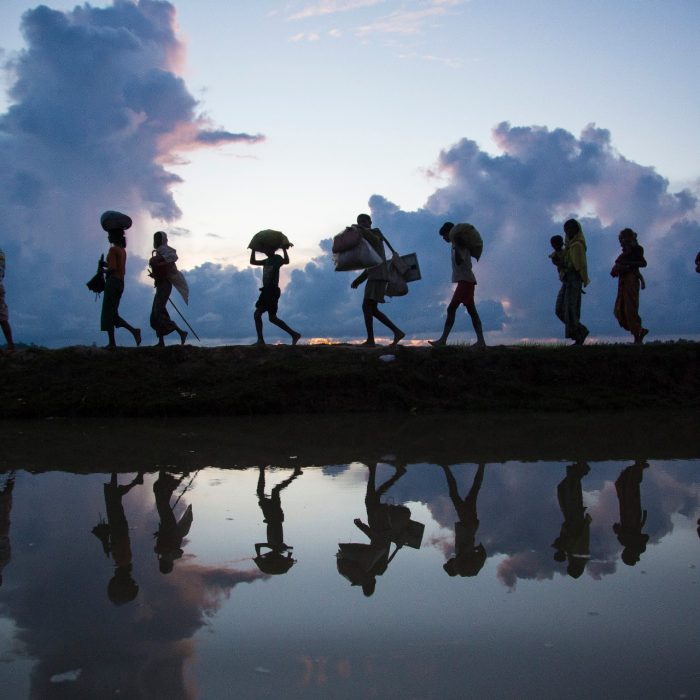 Thousands of new Rohingya refugee arrivals cross the border near Anzuman Para village, Palong Khali, Bangladesh. ; As an estimated 500,000 Rohingya sought safety in Bangladesh between late-August and October 2017, UNHCR worked with the authorities to create a transit centre to prepare for a further influx. They crossed by land into south-eastern Bangladesh through several points. Many came from the Buthidaung area in Myanmar’s northern Rakhine state. Some said they fled torching and killings. Others said they left in fear, ahead of anticipated violence. To reach Bangladesh, they walked for days, many carrying children. They waded through marshland before swimming across the Naf river that divides the two countries. UNHCR worked swiftly to accommodate as many as possible in the camps and settlements in Kutupalong and Balukhali, and provided emergency relief items.