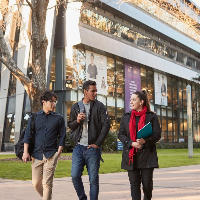 Three Law students walking on Main Wallkway with the Law Building in the background