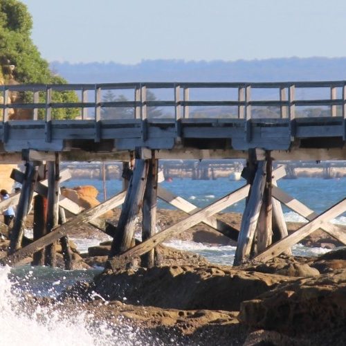 Image of a bridge over a rocky beach