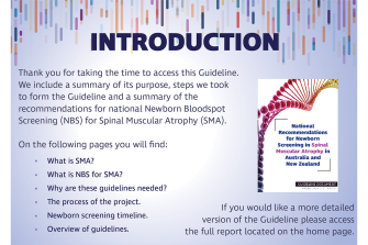 A page from a summary document titled "National Recommendations for Newborn Screening in Spinal Muscular Atrophy in Australia and New Zealand"