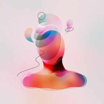 Digital illustration of surrealistic faceless human with spiritual thoughts. Made with vector vibrant color gradient geometry forms. Minimalist textured painting on mental, medical and artistic theme. 