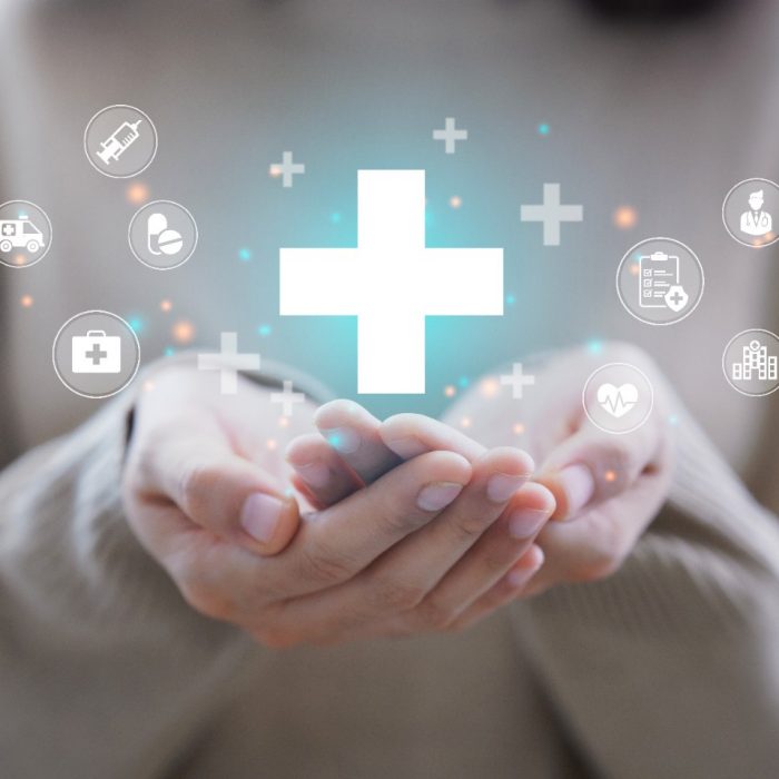 Woman hand holding plus icon for the healthcare medical icon. Health insurance health concept. access to welfare health and copy space,