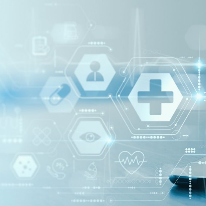 Close up of a stethoscope and digital tablet with virtual electronic medical record of patient on interface.Digital healthcare and network on modern virtual screen, DNA medical technology and futuristic concept.