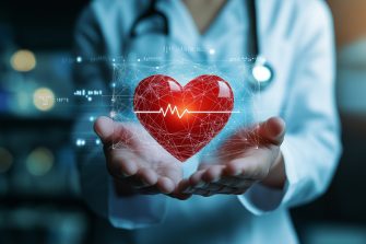 Medicine doctor holding red heart shape in hand with medical icon network connection modern virtual screen interface, Medical technology network concept