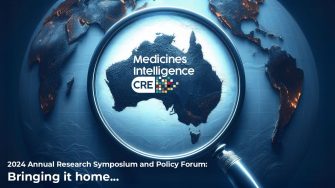 Magnifying Glass Focused on Australia with the MI-CRE logo in the centre