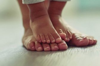Shot of an unrecognizable mother's feet and her child's feet at home