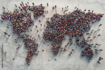 Group of people in the world map globe illustration