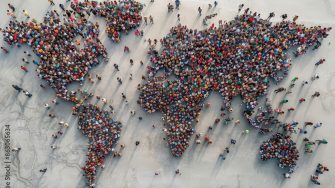 Group of people in the world map globe illustration