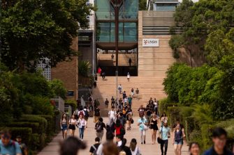 Students on campus walkway