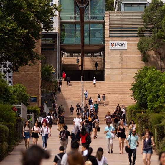 Students on campus walkway