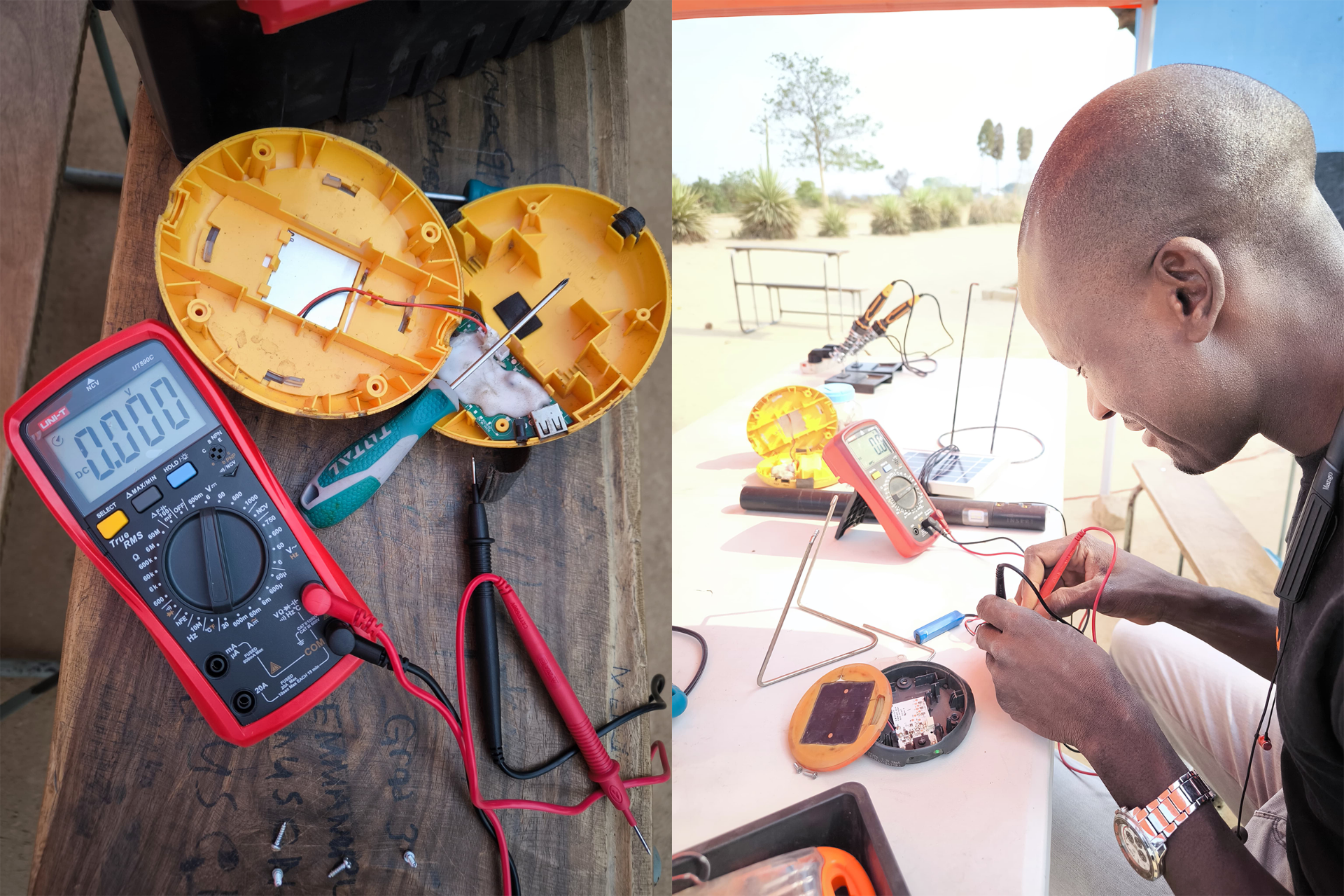 A composite photo of repairing an off-grid solar device