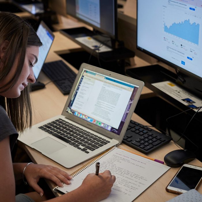 Business School Applied Economics student working on calculations at a computer