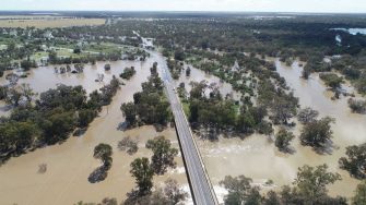 Namoi River Bridge during flooding in Walgett, November 2022. Photo: Vanessa Hickey, Dharriwaa Elders Group.